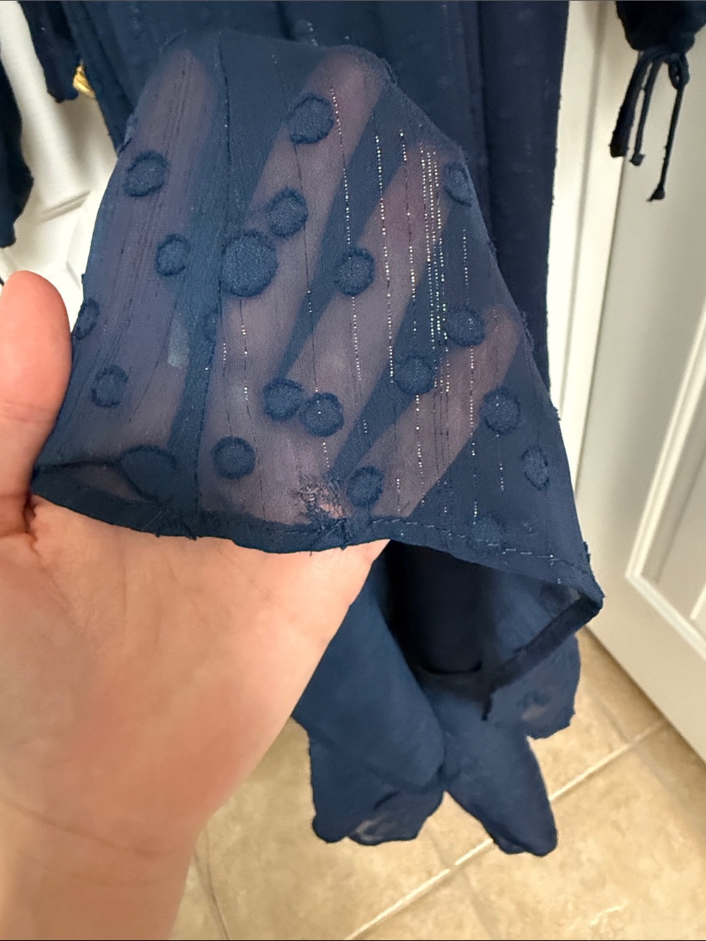 Anthropologie Name brand V-Neck Navy Maxi Dress with Sheer Dot Sleeve - Picture 8 of 8